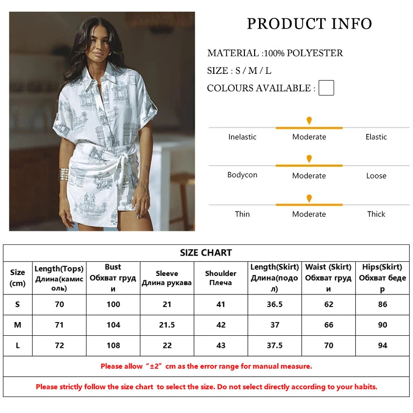 Skirt Sets - Summer Loose Print 2 Piece Sets Women Outfit 2024 Elegant Short Sleeve Shirt With High Waist Lace-Up Mini Skirts Set