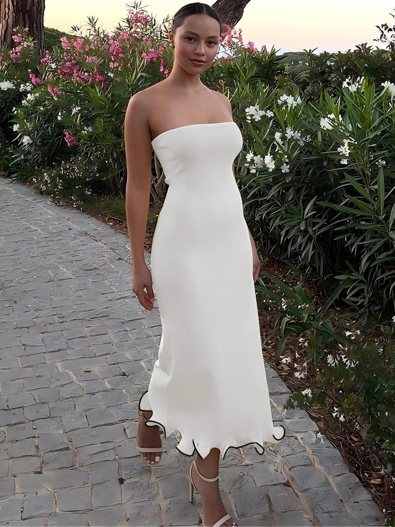 Tube Dresses - Sleeveless Ruffles Patchwork Strapless Bodycon Midi Dress Women'S Solid Sexy Outfit Party Clubwear For Autumn Winter