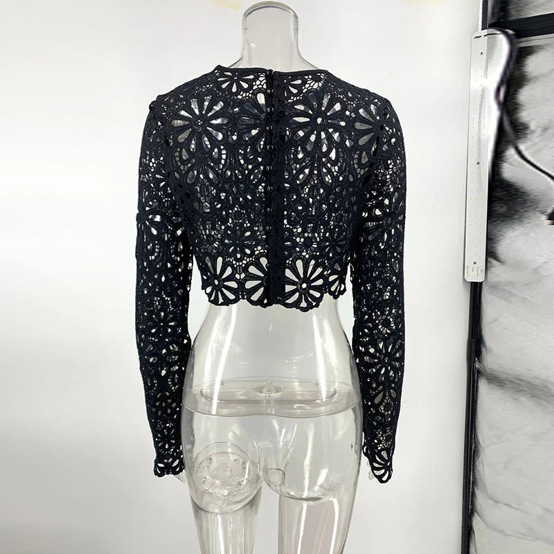 Matching Sets - Elegant See Through Crochet Top Women Set Hallow Out Flare Long Sleeve Top Slim Empire Hip Package Skirts 2025 Summer Lady Set