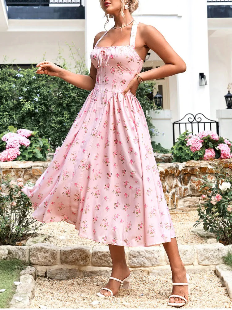 Floral Dresses - Women's Halter Backless Print Floral Midi Corset Dress Spaghetti Straps Tie Up Fashion Casual Holiday Long Dresses Pink