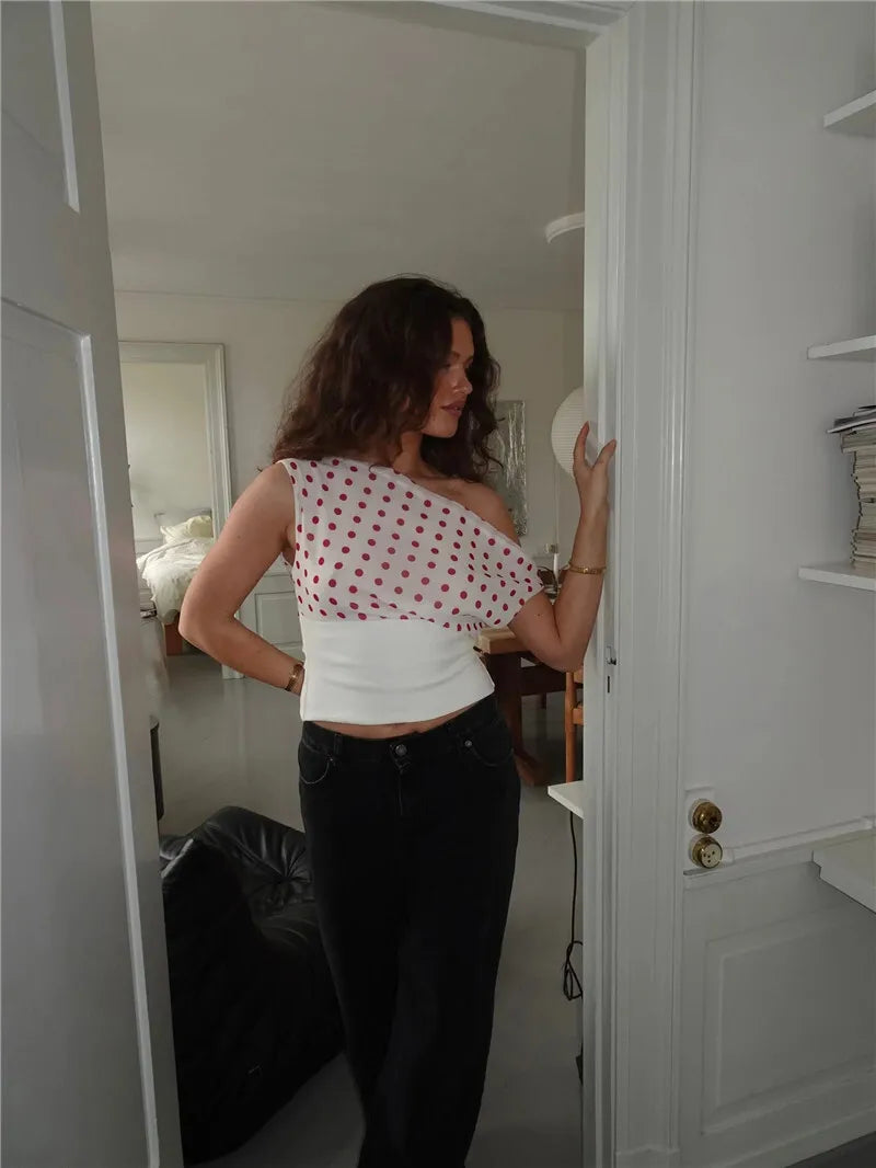 Crop Blouses - Backless Polka Dot Crop Tops Women Vest Fashion Summer New Oblique Shoulder Sleeveless Tank Tops Pullovers Female