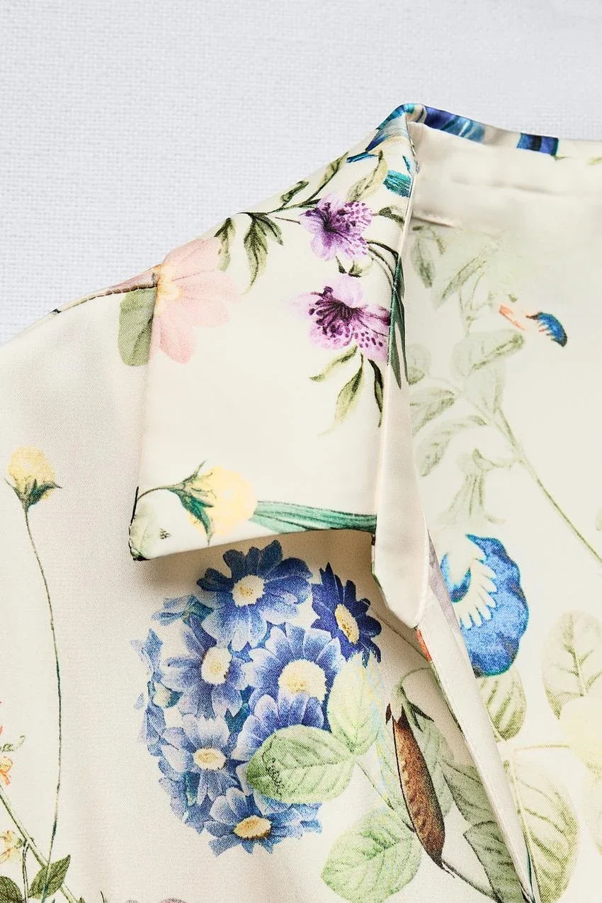 A-Line Dresses - ZBZA Women's Floral Print Satin Dress Short Turned-up Sleeves Self Belt Lapel Collar Pockets Button Mini Skirt Female Chic Dress