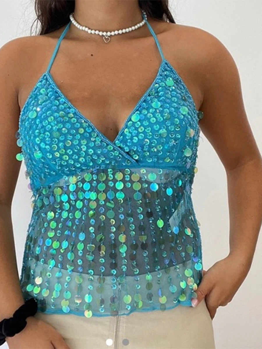 Tops - Women Y2k Sparkly Sequin Halter Beaded Camisole Cute Glitter Rhinestone Spaghetti Strap Backless Criss Cross Cami Top Blue
