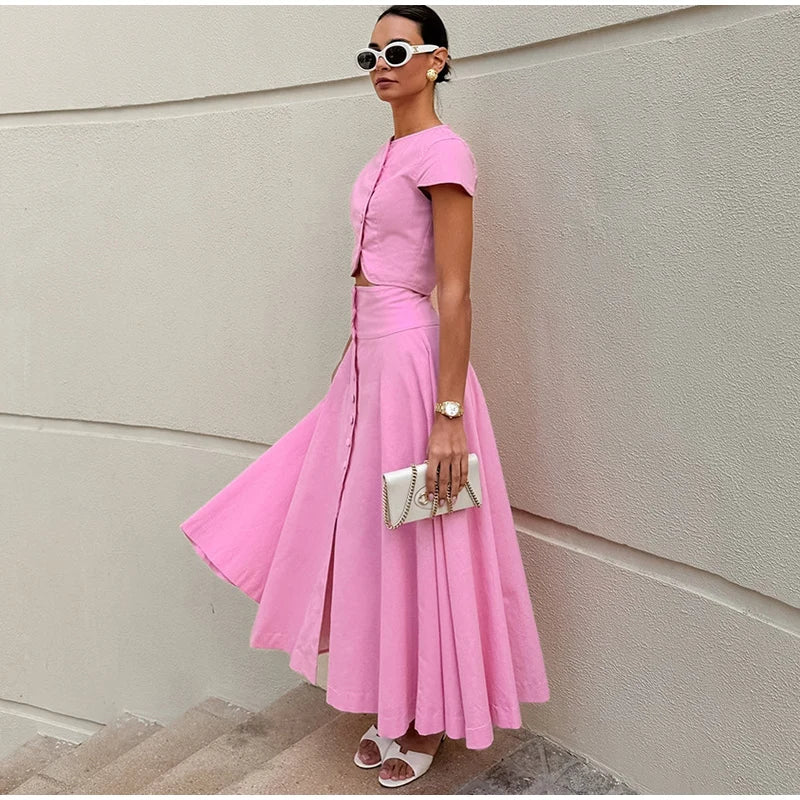 Skirt set - Women Vest Skirt Suit Solid O-neck Single Breasted Short Sleeve Short Top Button Wide Leg Skirts Female Summer Lady Beach Wears