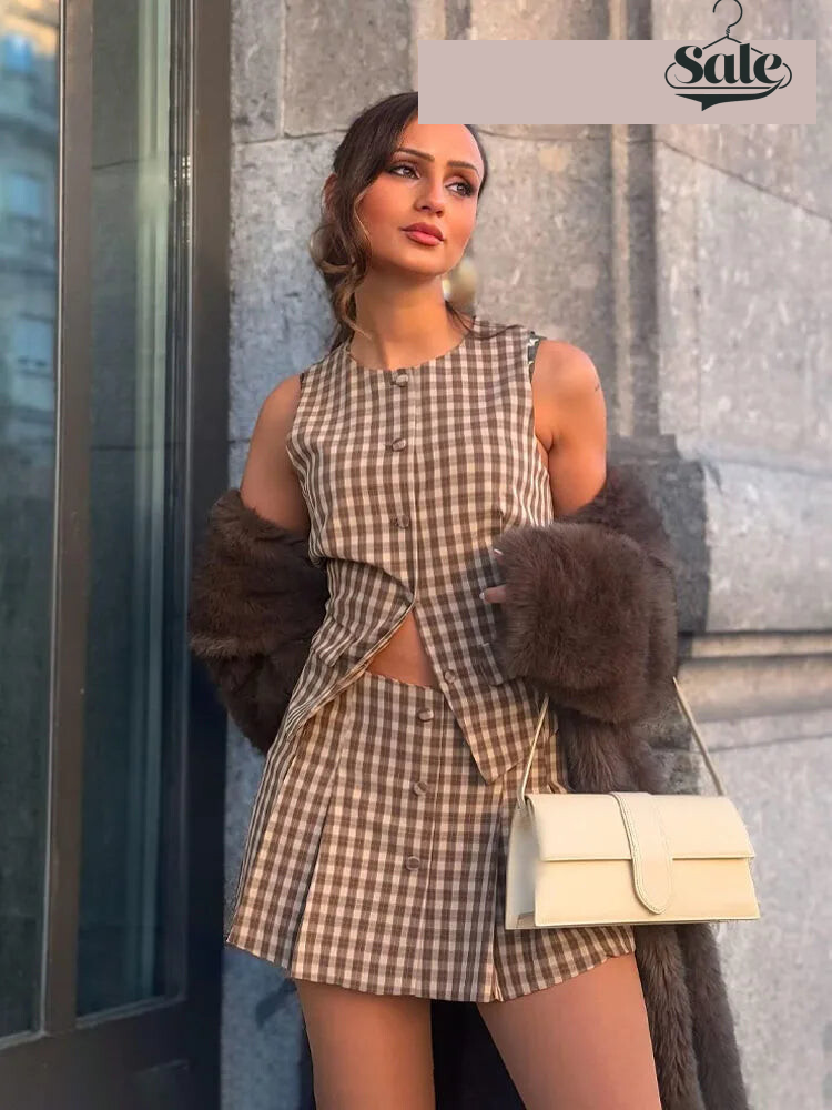 Skirts set - TRAFZA Women 2 Piece Set Elegant Plaid O-Neck Single Breasted Pocket Decorate Vest Top+Chic Zipper Pleated Slim Mini Culottes