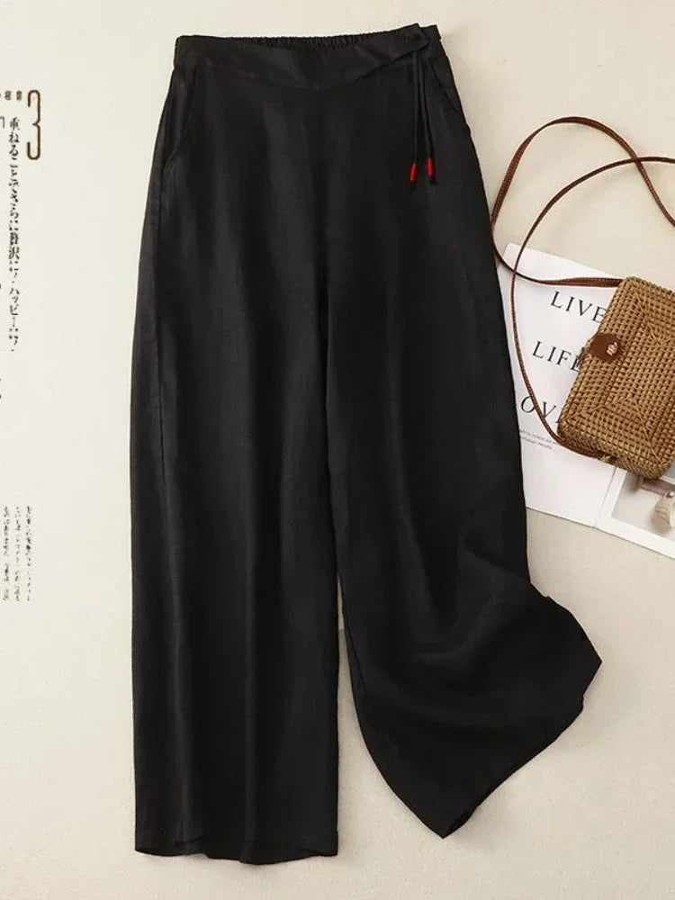 Pants - Summer Wide Leg Pants Women Elastic High Waist Cotton and Linen Casual Pants Loose Straight Yellow Women's Pants