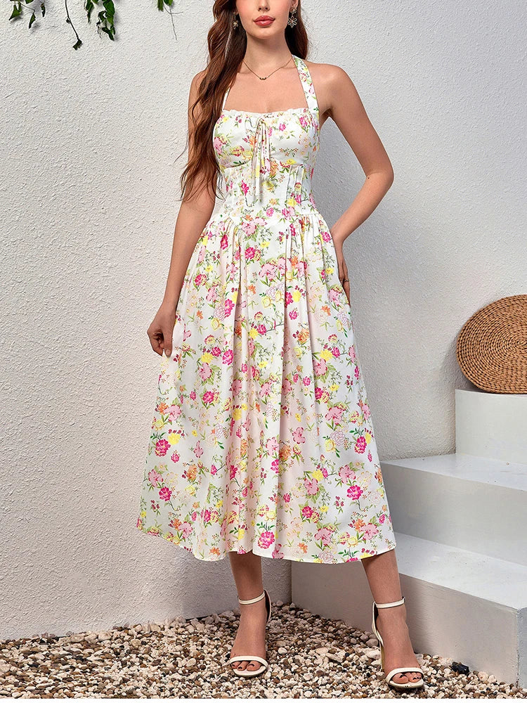 Floral Dresses - Women's Halter Backless Print Floral Midi Corset Dress Spaghetti Straps Tie Up Fashion Casual Holiday Long Dresses Pink
