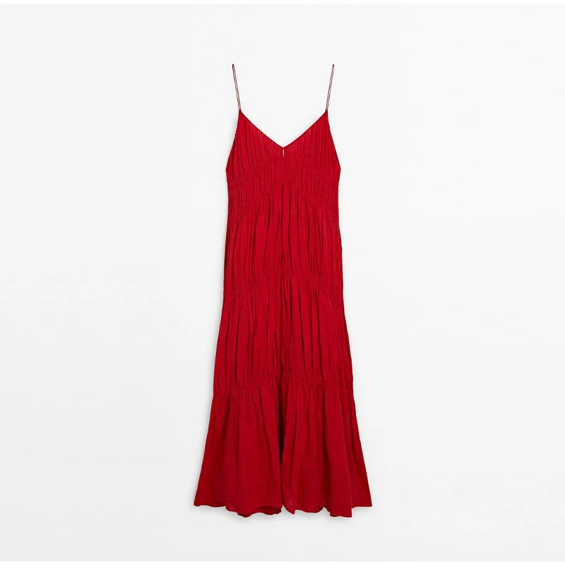 - Elegant Suspender Maxi Dress Women Sexy Summer Pleated Sling Beach Dress Female Backless V-neck Vacation Evening Long Vestidos