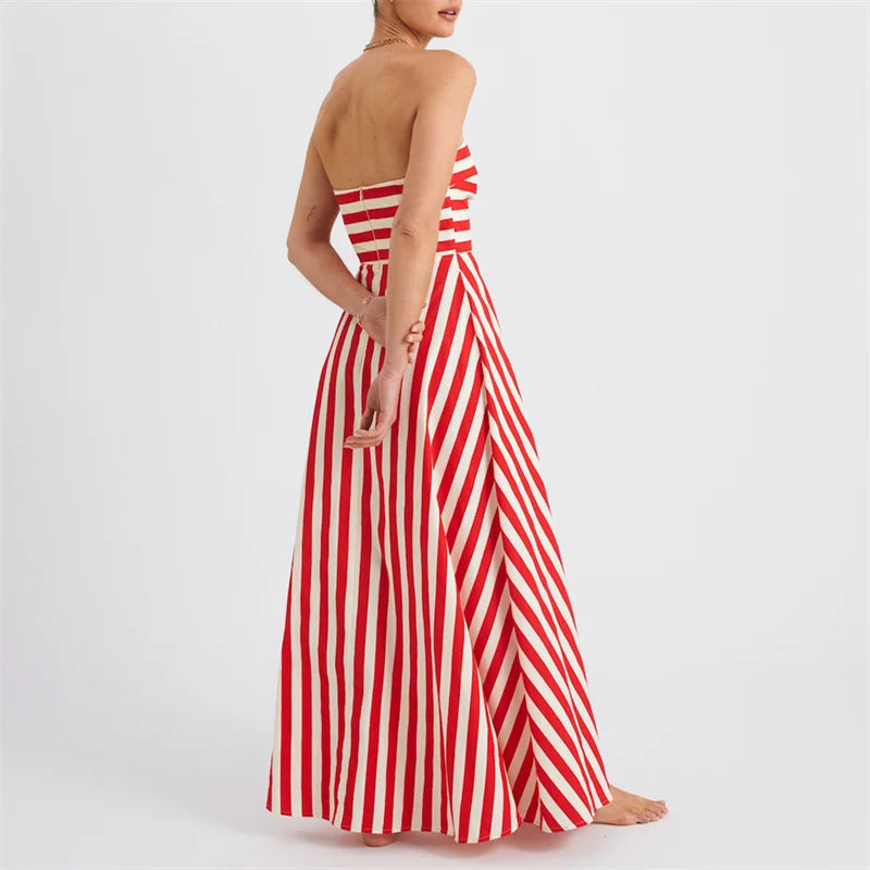 Strapless Dresses - Tube Dress for Women y2k Summer Striped Print Off Shoulder Strapless Sleeveless A Line Long Dress Beach Party Dresses