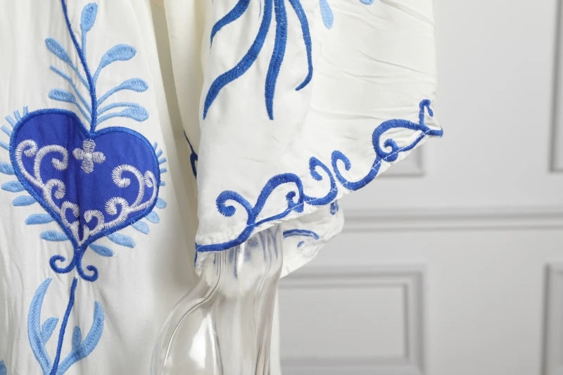 Kaftans - Jastie Embroidered Women Maxi Dress V-Neck Batwing Sleeve Loose Oversize Summer Dresses Drawstring Waist Boho Beach Vestidos