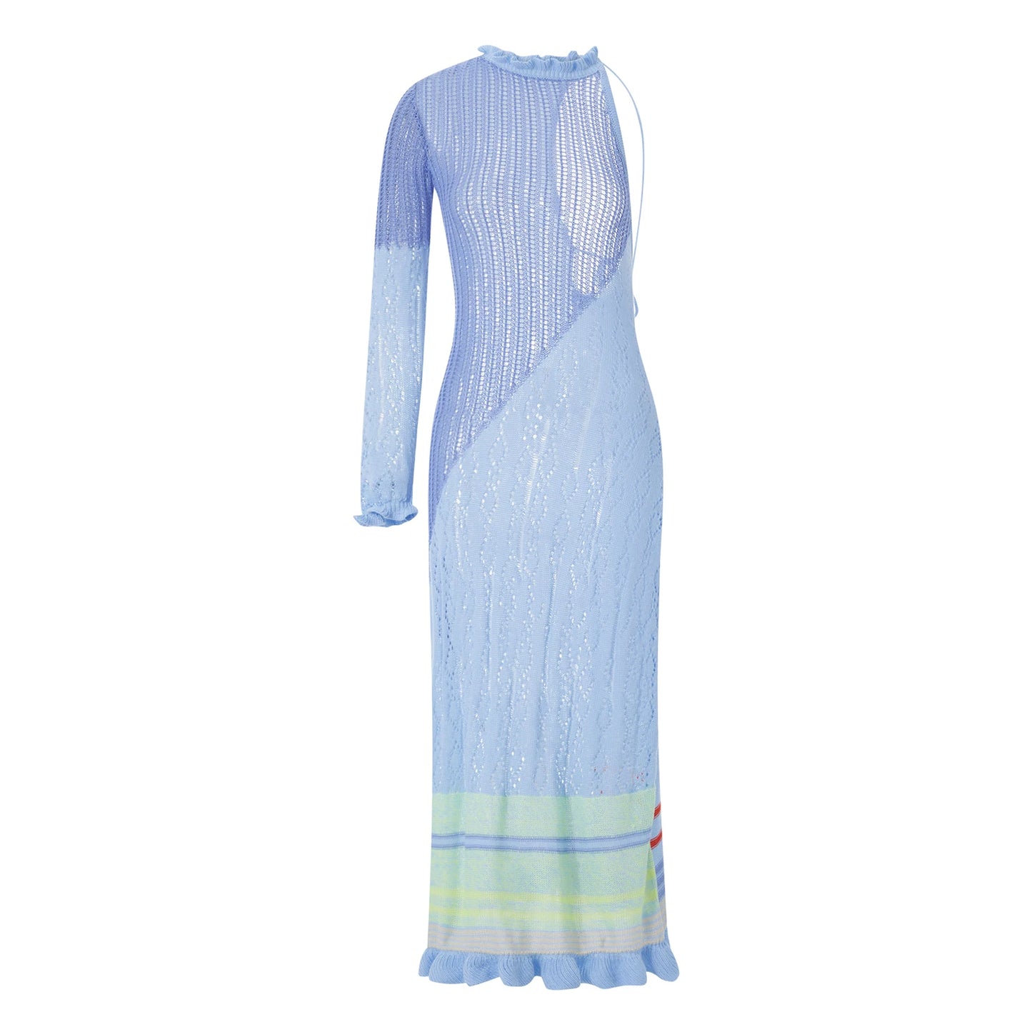 Beach Dresses - Contrast Color Hollow-Out Knit Beach Long Dress 2023 Summer See-Through One-Shoulder Long Sleeve Halter Tie-up Cover-Ups Dress