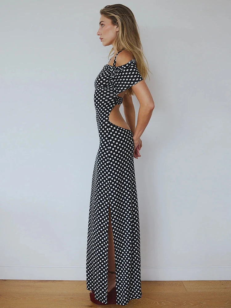Halter Dresses - Off-shoulder Polka Dot Maxi Dress For Women Gown Fashion Halter Sleeveless Backless bodycon Split Long Dress Elegant