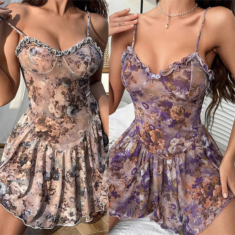 Babydolls - Babydolls Floral pleated camisole short skirt and nightgown Women pajama sexy lingerie for women push up adult sexy nights xxx