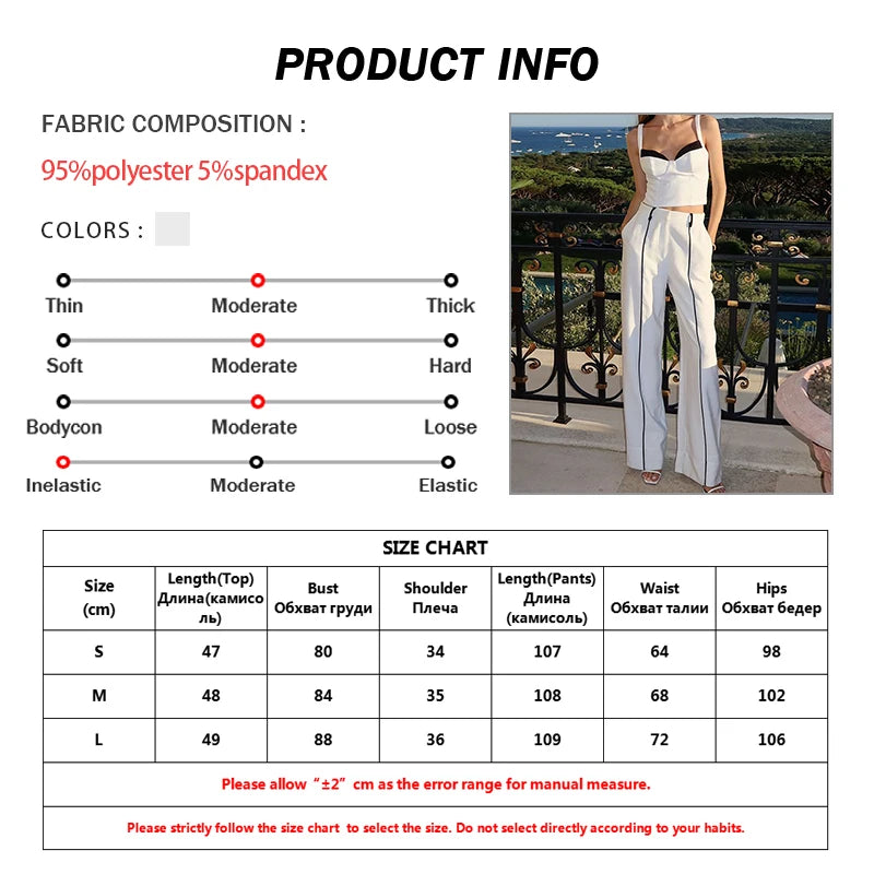 Pants Sets - Fashion White Patchwork Two Piece Set For Women Casual Spaghetti Strap V-Neck Crop Top And Straight Full Length Pants Set