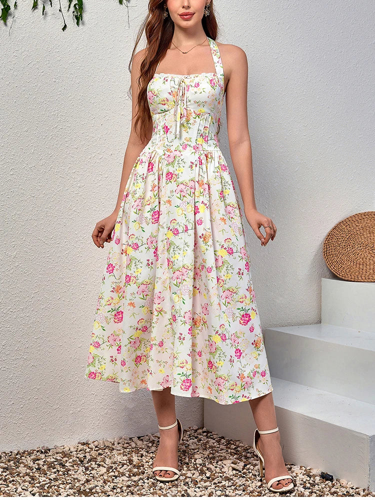 Floral Dresses - Women's Halter Backless Print Floral Midi Corset Dress Spaghetti Straps Tie Up Fashion Casual Holiday Long Dresses Pink