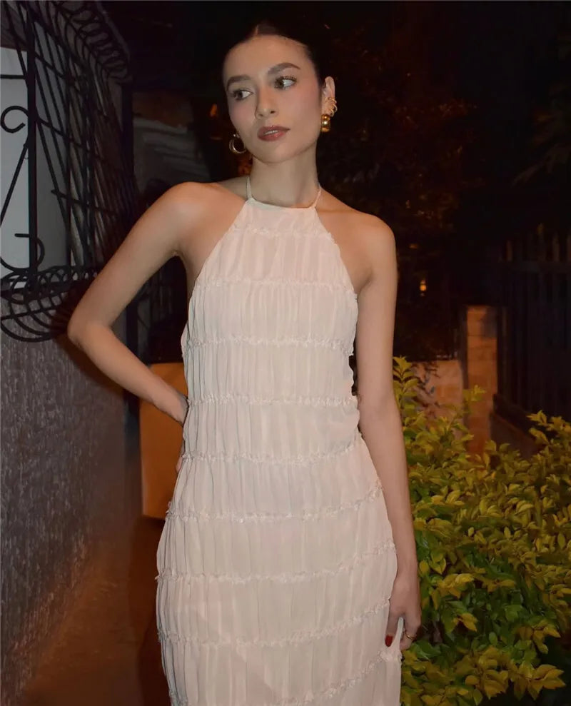 Party Dresses - Mozision Halter Backless Sexy Maxi Dress For Women Spring Summer New Lace-up Sleeveless Pleated Beach Holiday Long Dress Elegant