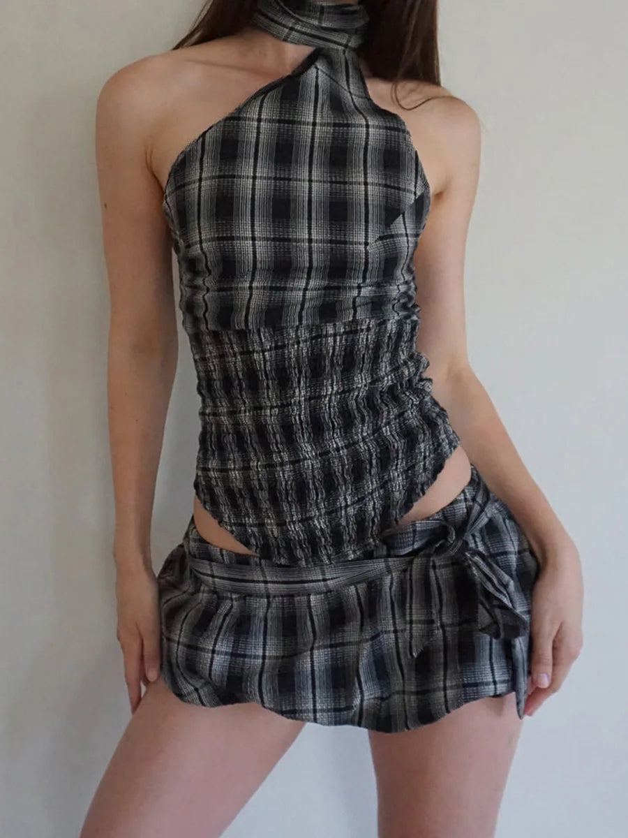 Casual Outfits - Women Y2K 2 Piece Bubble Skirt Outfit Set Off the Shoulder Plaid Halter Tank Top and Puff Mini Skirt with Belt Party Clubwear