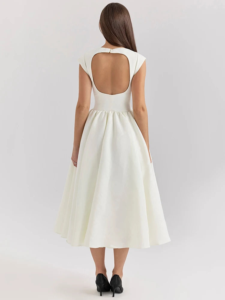 Elegant Dresses - White Backless A-line Sexy Maxi Dress For Women Gown Solid Hollow Out Sleeveless High Waist Club Pleated Dress Elegant