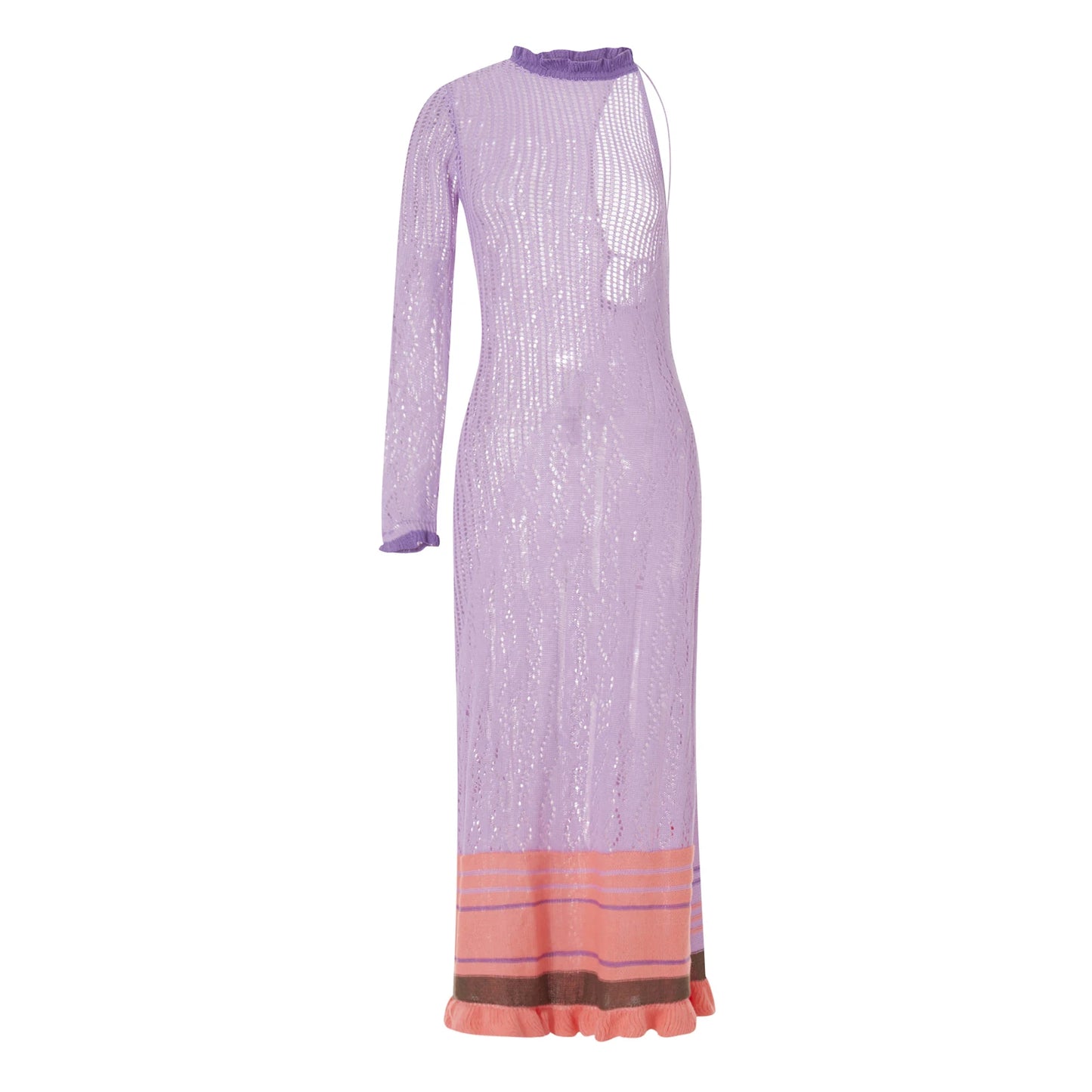 Beach Dresses - Contrast Color Hollow-Out Knit Beach Long Dress 2023 Summer See-Through One-Shoulder Long Sleeve Halter Tie-up Cover-Ups Dress