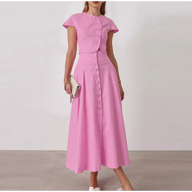 Skirt set - Women Vest Skirt Suit Solid O-neck Single Breasted Short Sleeve Short Top Button Wide Leg Skirts Female Summer Lady Beach Wears