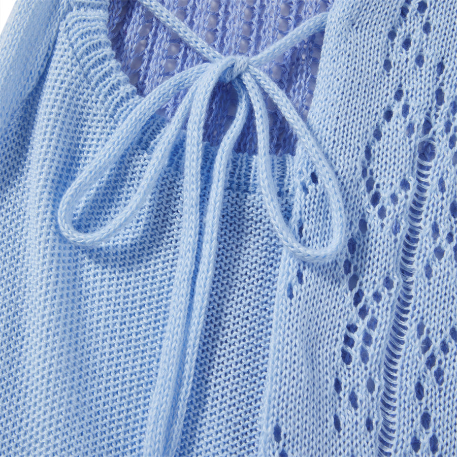 Beach Dresses - Contrast Color Hollow-Out Knit Beach Long Dress 2023 Summer See-Through One-Shoulder Long Sleeve Halter Tie-up Cover-Ups Dress