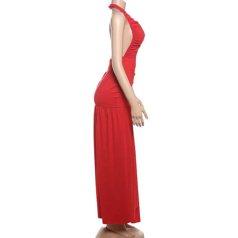 Plunging Dresses - Halter Deep V Neck Sexy Maxi Dress For Women Gown Fashion Solid Sleeveless Backless Draped Ruched Bodycon Long Dress