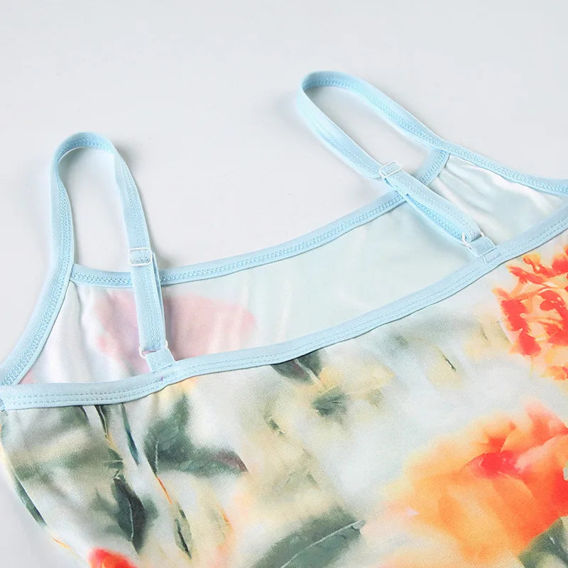 Skirt Sets - Print Floral Two Piece Sets Women Skirt Suit Spaghetti Strap Top Mini Skirt Sets Spring Slim Elegant Party Beachwear