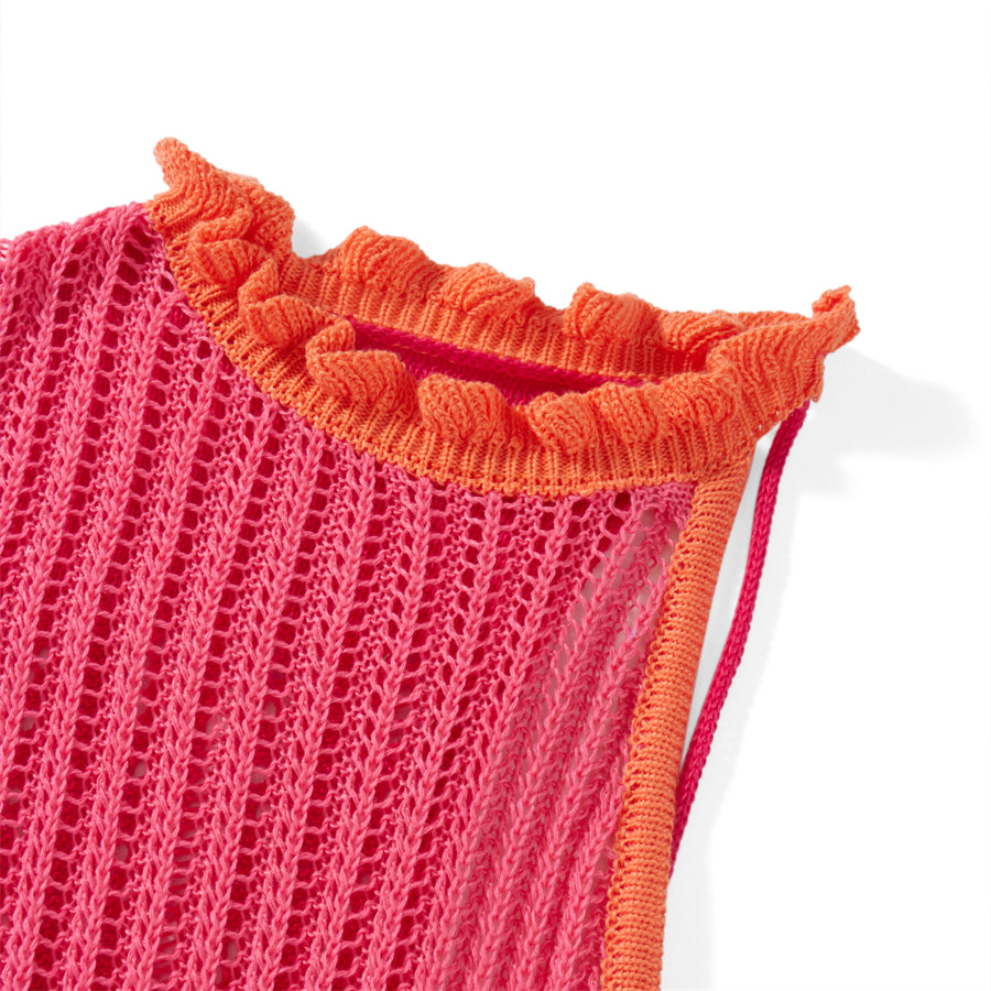 Beach Dresses - Contrast Color Hollow-Out Knit Beach Long Dress 2023 Summer See-Through One-Shoulder Long Sleeve Halter Tie-up Cover-Ups Dress