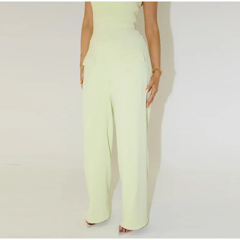 Pants Sets - Solid Square Collar Halter Vest Pants Sets Women Slim Backless Sleeveless Tops High Waist Wide Leg Pant 2025 Lady Office Outfit
