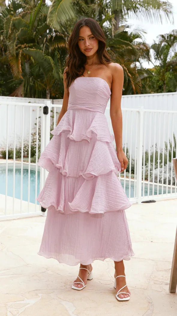 Elegant Dresses - Women's Elegant Tube Top Party Cake Dress Sexy Backless Fashion Solid Color Multi-layered Hem Banquet Dresses Vacation Vestidos