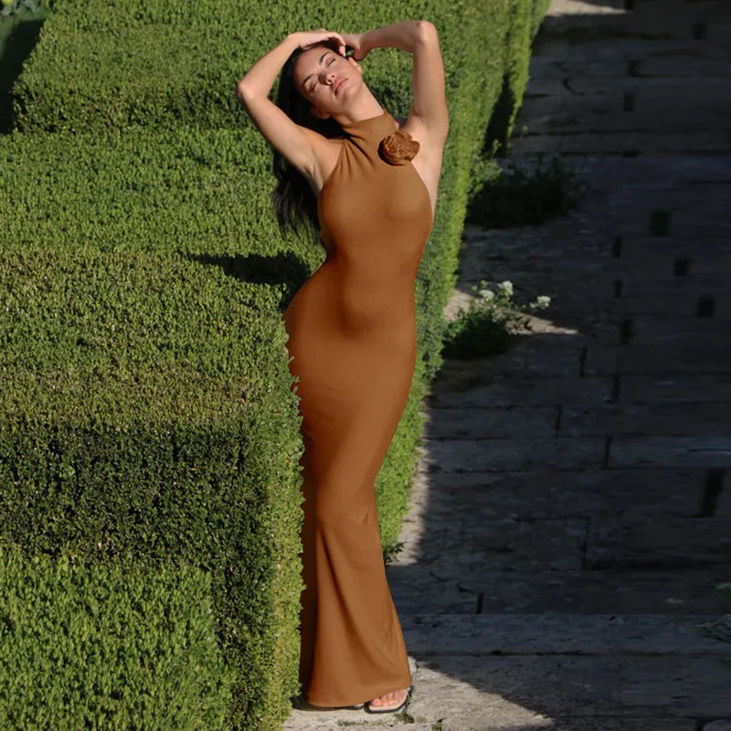 Elegant Dresses - Flower Sleeveless Sexy Maxi Dress For Women Gown Fashion Halter Backless Bodycon Evening Club Long Dress Vestido