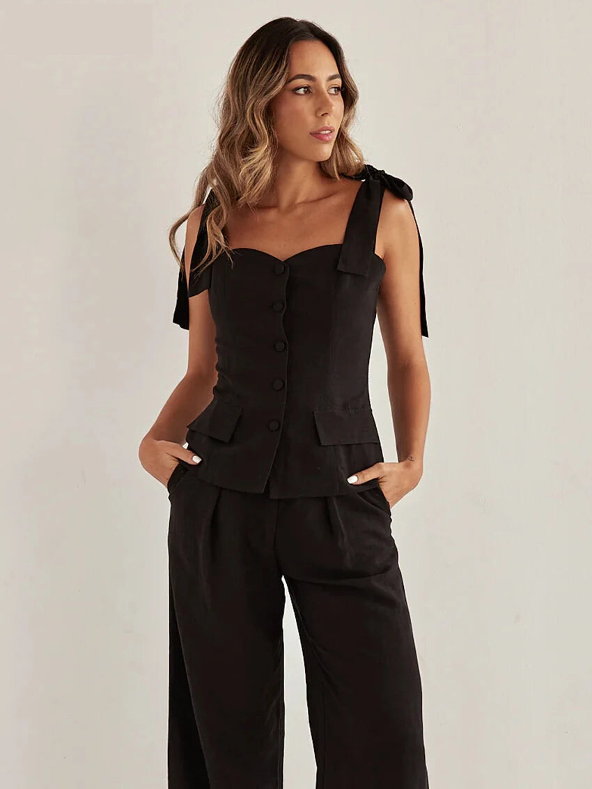 Pants Sets - Summer Slim Black Cotton Women's Two Pieces Set 2025 Fashion Sleeveless Tank Top With High Waist Wide Pants Set Female