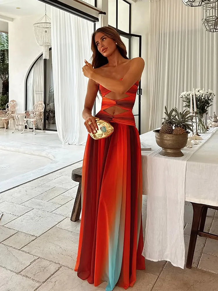 Elegant Dresses - Tie-dye Gradient Hollow Out Women's Maxi Dress Elegant Off Shoulder A-line Hem Long Dresses New Summer 2025 Holiday Female Robes