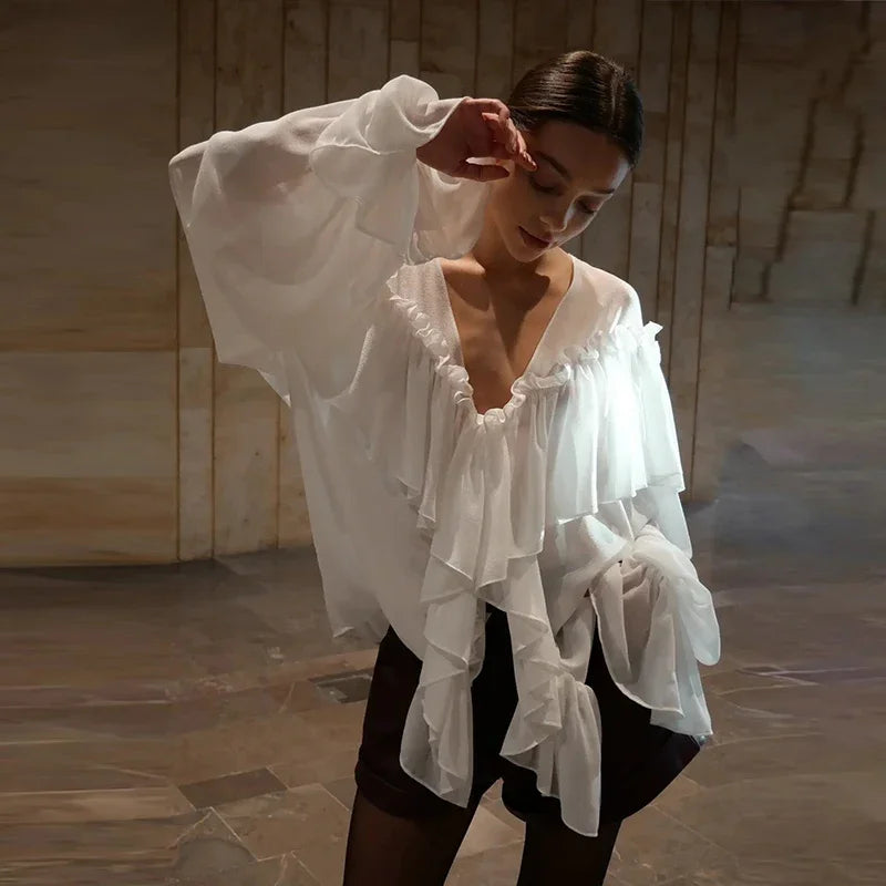 Blouses - Women's Chiffon Ruffle Shirts White Loose V-neck Lantern Sleeve See Through Blouses 2025 Spring Summer Lady Commute Outwears
