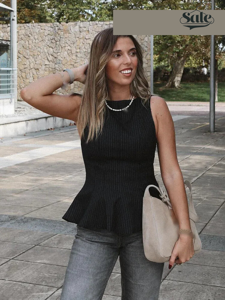 Peplum Tops - Women's New Fashion Simple Stacked Decorative Slim Fit 3-Color Top Female Elegant Round Neck Sleeveless Ruffle Zipper Top