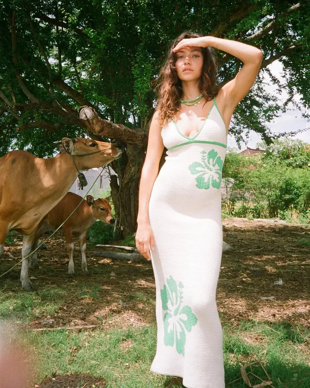 Vacation Dresses - 2024 Summer New Knitted Halterneck with Suspenders V-neck Sexy Backless Fashion Flower Print Slim Dress