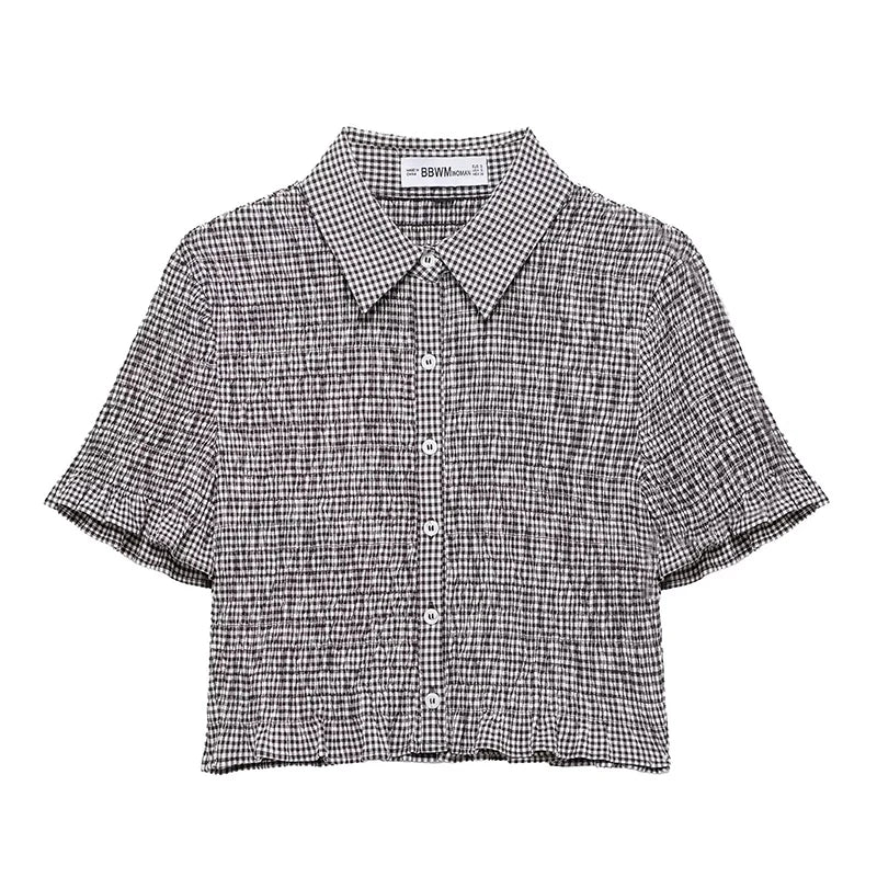 Crop Tops - Women Fashion Plaid Pleated Single Breasted Blouse Vintage Lapel Neck Short Sleeves Female Chic Lady Shirts