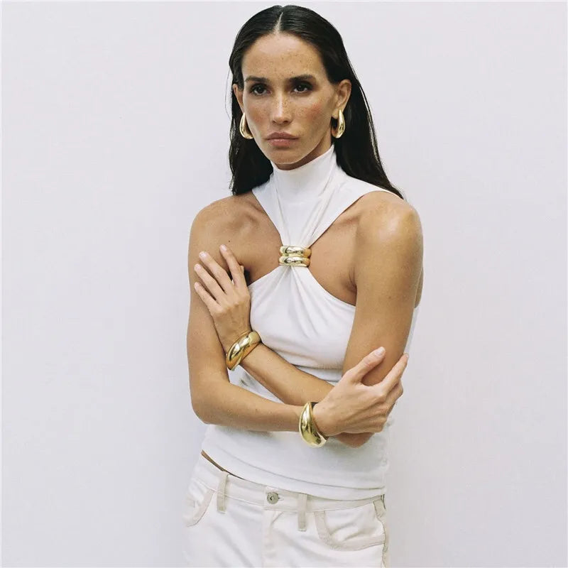 Halter Tops - Turtleneck Basic Knit Tank Tops Women Vest Pullovers Metal Ring Camisole Sleeveless Skinny Knitted Tops Y2K Cropped Top