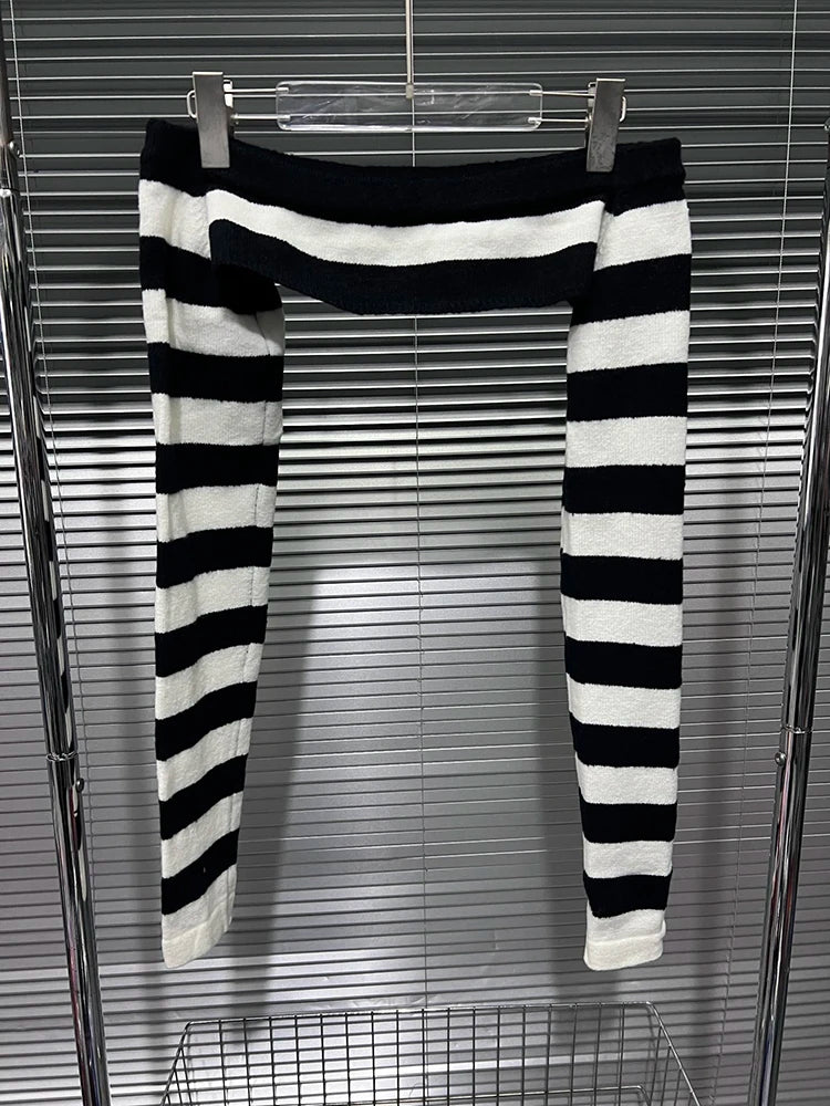 Off Shoulder Tops - Women's Fashion Striped Contrast Color Two-pieces Set Stretch Strapless Long Sleeve Knit Tops 2025 Spring New 33A2346