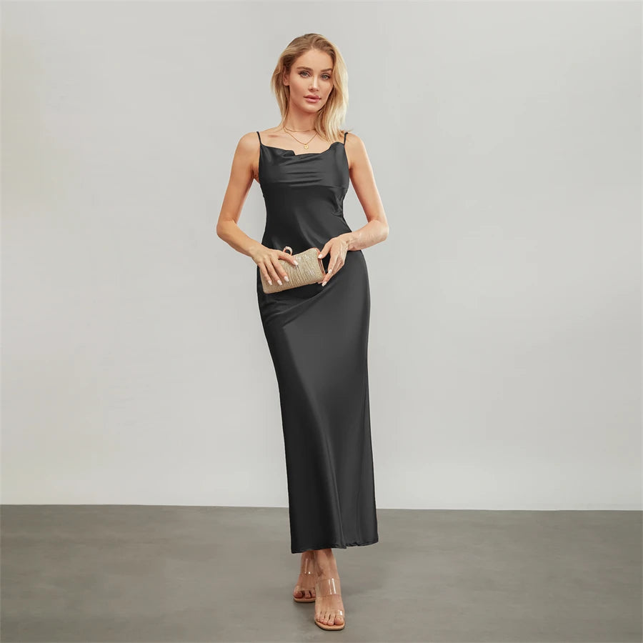 Satin Dresses - Backless Spaghetti Straps Party Long Dresses 2024 New Evening Gown Satin Vestidos Women's Cowl Neck Slip Wrap Dress