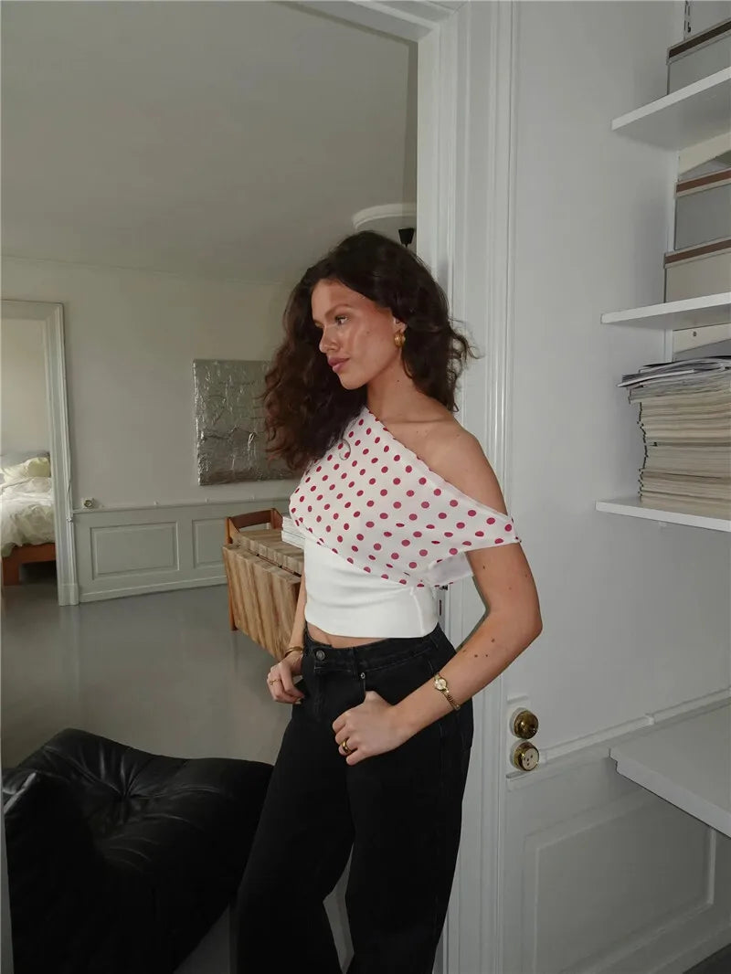 Crop Blouses - Backless Polka Dot Crop Tops Women Vest Fashion Summer New Oblique Shoulder Sleeveless Tank Tops Pullovers Female