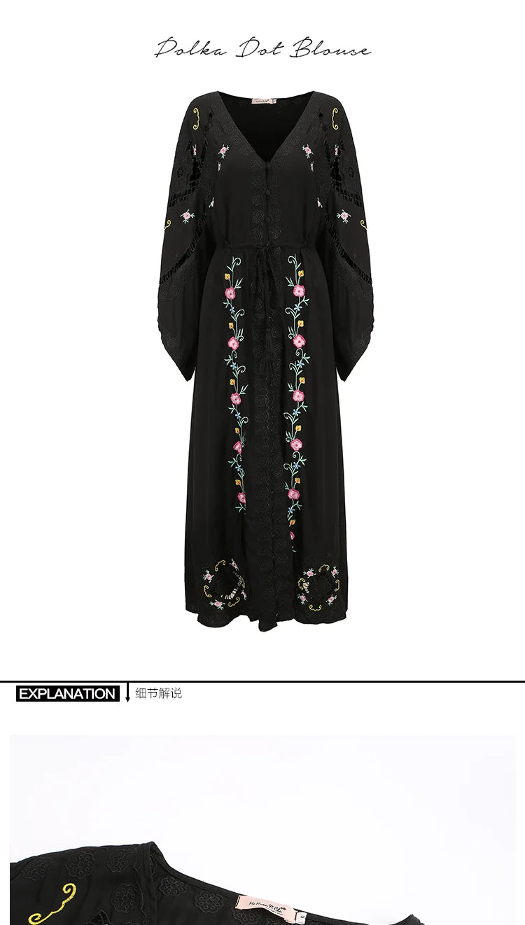 Kaftans - Jastie Embroidered Women Maxi Dress V-Neck Batwing Sleeve Loose Oversize Summer Dresses Drawstring Waist Boho Beach Vestidos