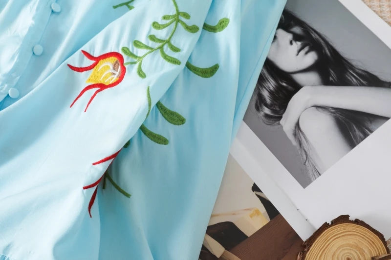 Kaftans - Jastie Embroidered Women Maxi Dress V-Neck Batwing Sleeve Loose Oversize Summer Dresses Drawstring Waist Boho Beach Vestidos