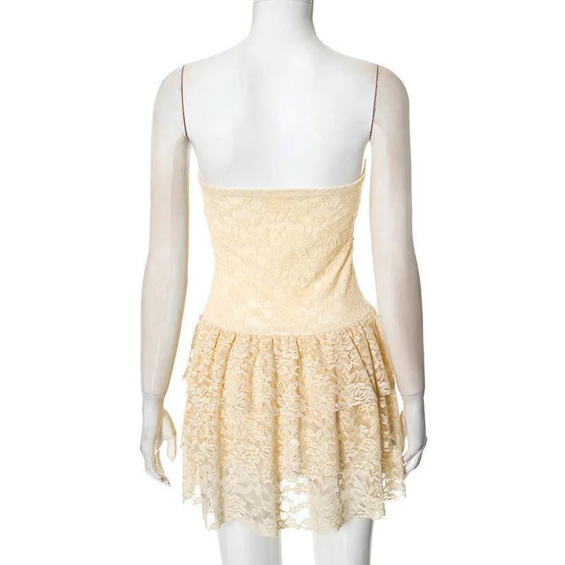 Tube Dresses - Off-shoulder Strapless Sexy Mini Dress For Women Elegant Lace Sleeveless Backless High Waist Pleated Cake Dress