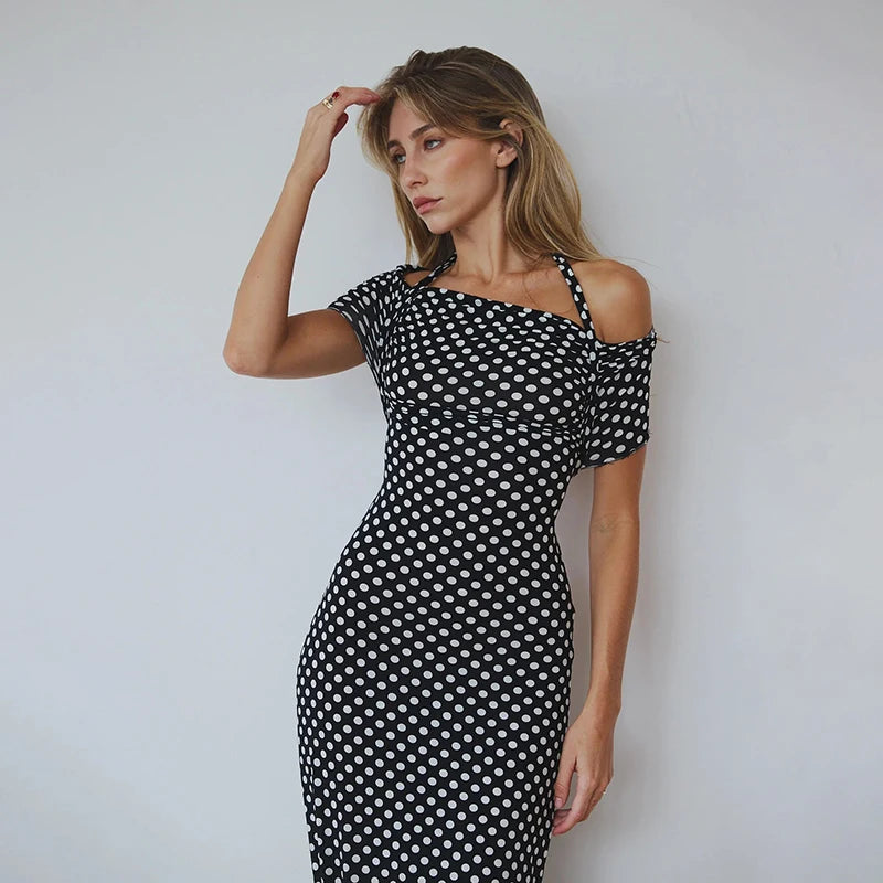 Halter Dresses - Off-shoulder Polka Dot Maxi Dress For Women Gown Fashion Halter Sleeveless Backless bodycon Split Long Dress Elegant