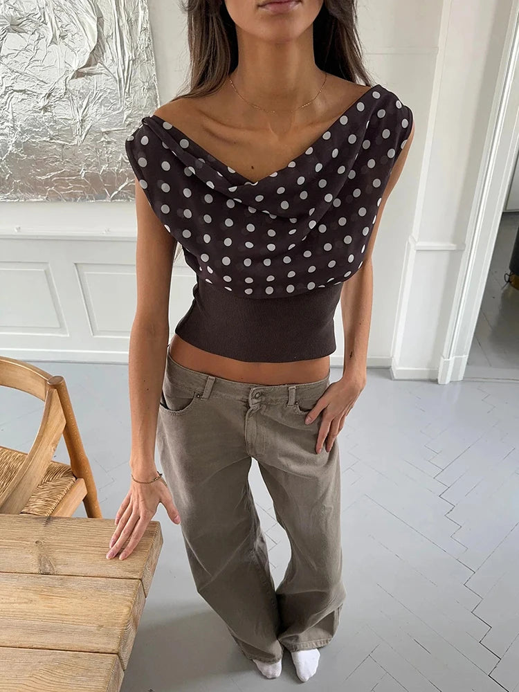 Crop Blouses - Backless Polka Dot Crop Tops Women Vest Fashion Summer New Oblique Shoulder Sleeveless Tank Tops Pullovers Female