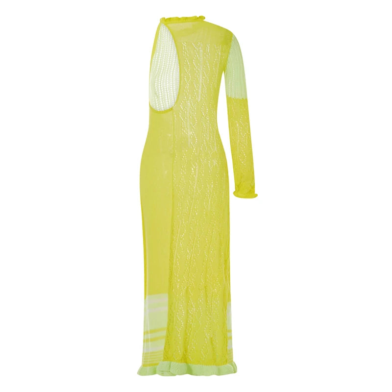 Beach Dresses - Contrast Color Hollow-Out Knit Beach Long Dress 2023 Summer See-Through One-Shoulder Long Sleeve Halter Tie-up Cover-Ups Dress