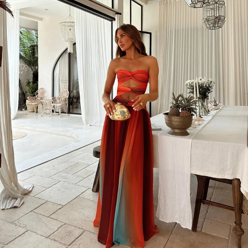Elegant Dresses - Tie-dye Gradient Hollow Out Women's Maxi Dress Elegant Off Shoulder A-line Hem Long Dresses New Summer 2025 Holiday Female Robes