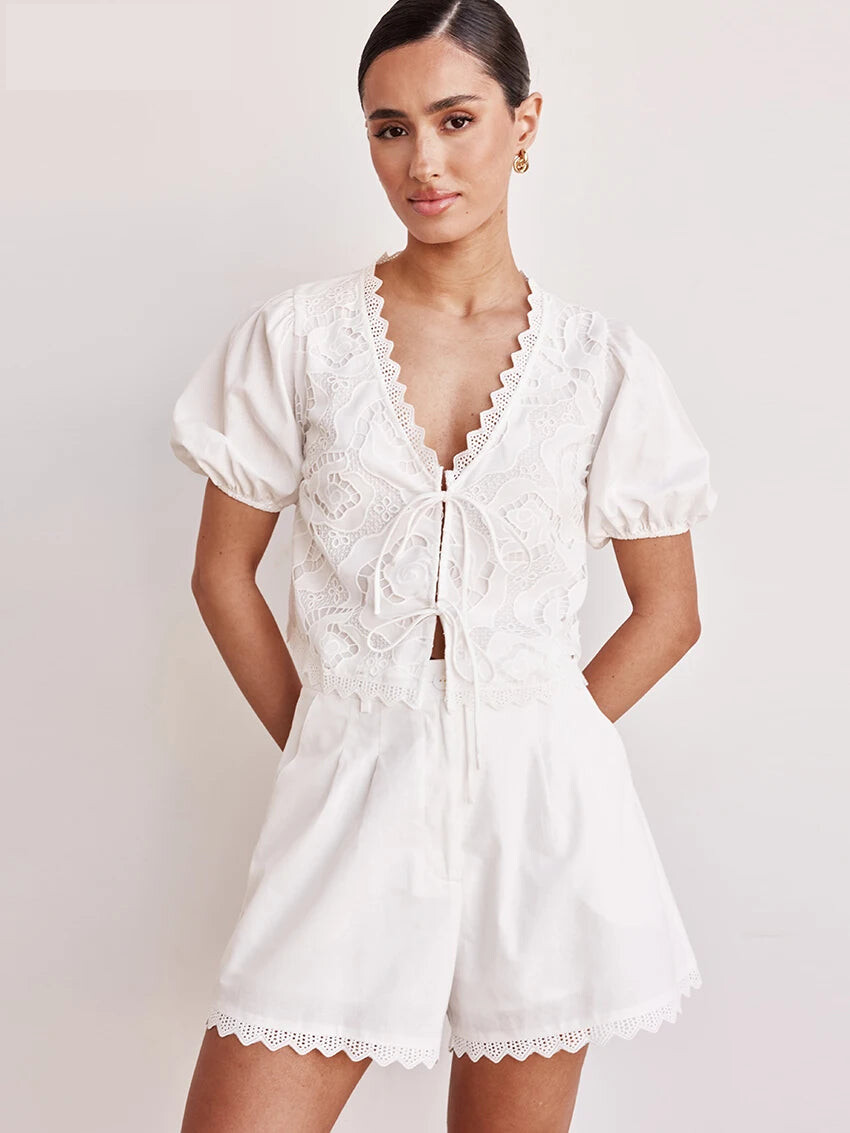 Matching Sets - Sexy Loose White Cotton 2 Piece Sets Women Outfit 2025 Summer Short Sleeve Shirt With High Waist Shorts Set Streetwear