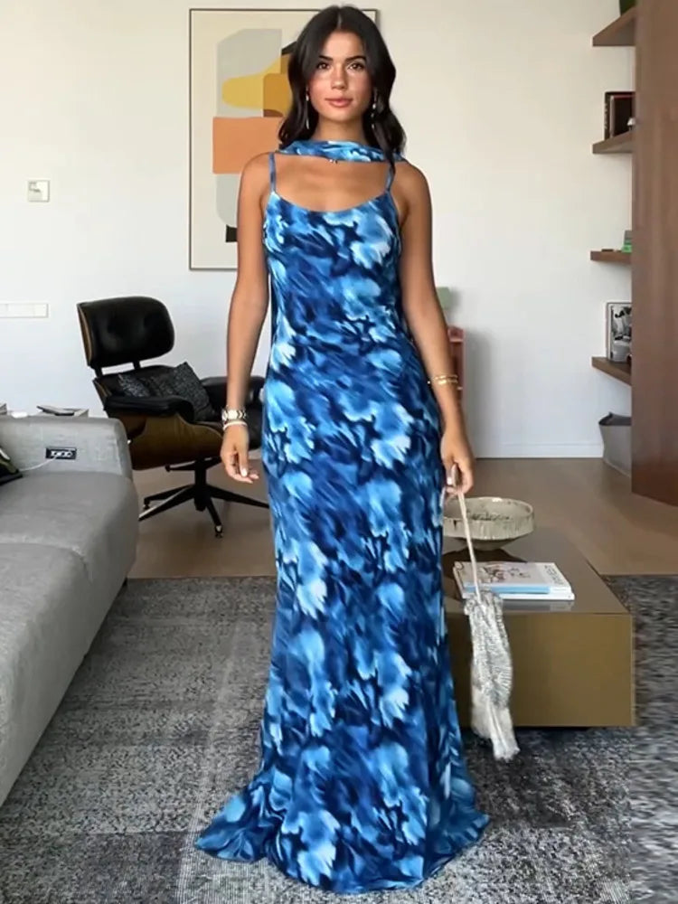Elegant Dresses - Halter Backless Print Sexy Maxi Dress For Women Gown Elegant Blue Printed Lace-up Sleeveless Evening Long Dress